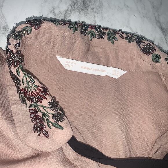 Zara Trafaluc Collection Embellished Beaded Tie Ribbon Floral Blouse Size M - Picture 6 of 9